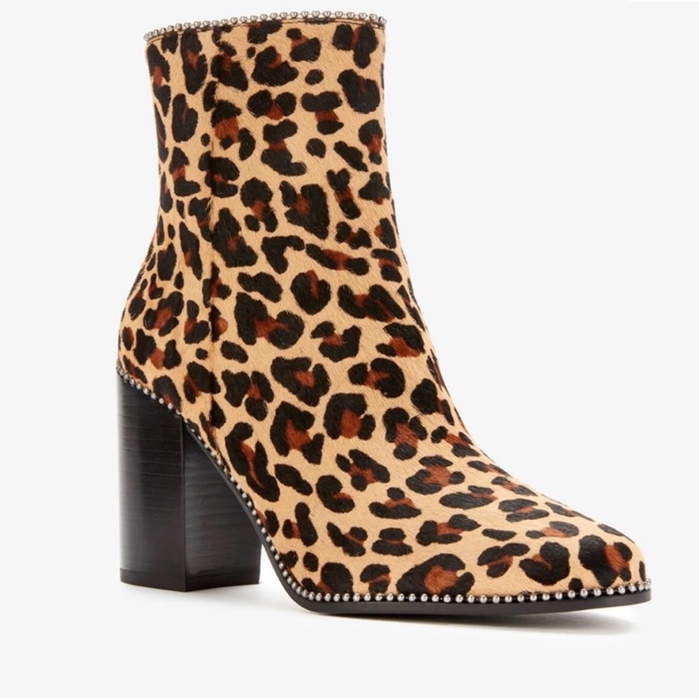 COACH Brown Drea Beadchain Leopard Block Heel Almond Toe Ankle Boots Booties 7